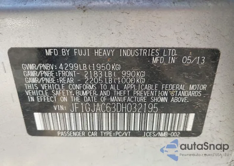 2013 Subaru Impreza 2.0I Premium из США, поврежденный, VIN JF1GJAC63DH032195